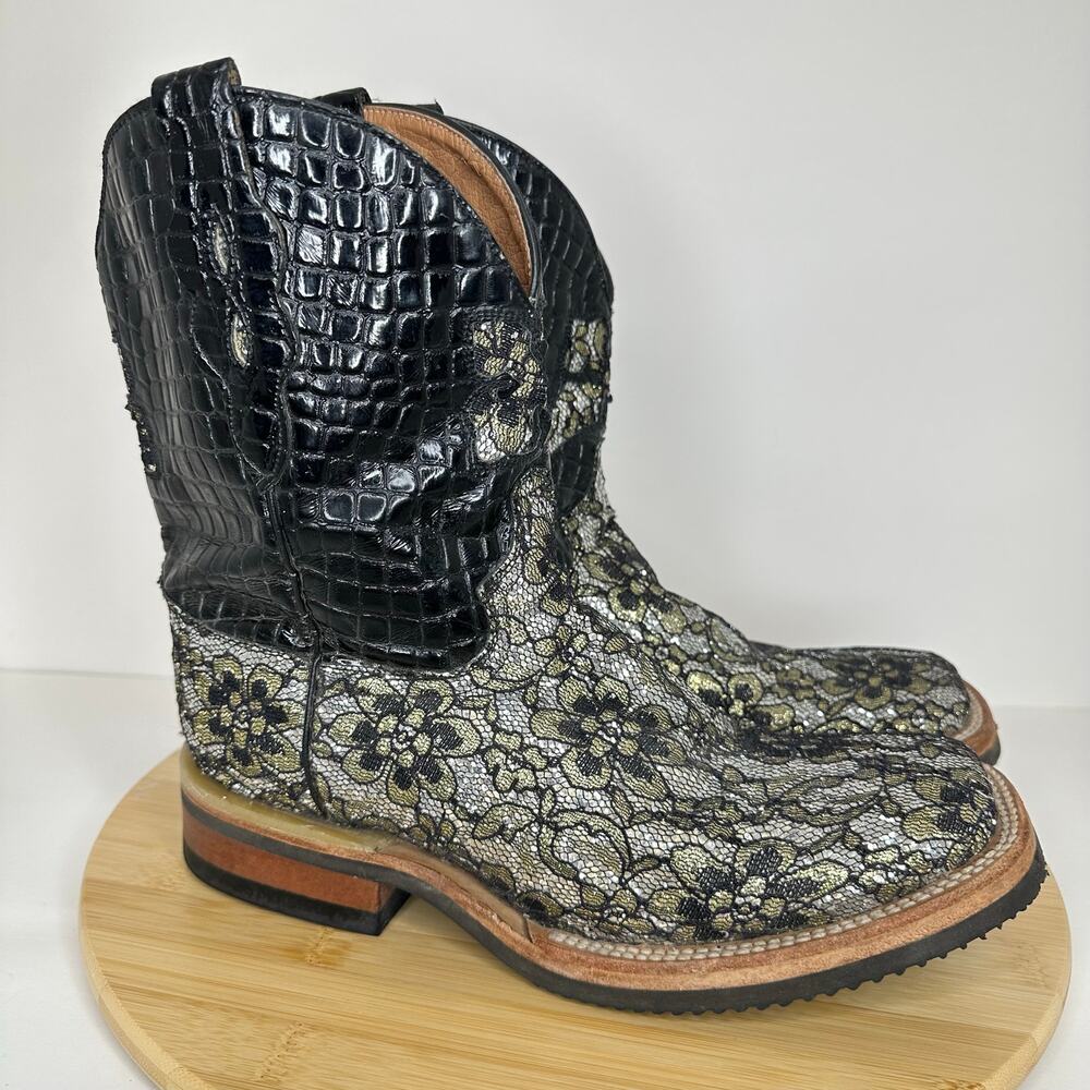 Ferrini Cowgirl Cool Floral Leather Boots Black Silver Size 8.5